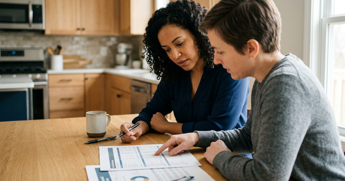 Two women reviewing financial documents at a kitchen table, discussing IHCDA down payment assistance stacking options