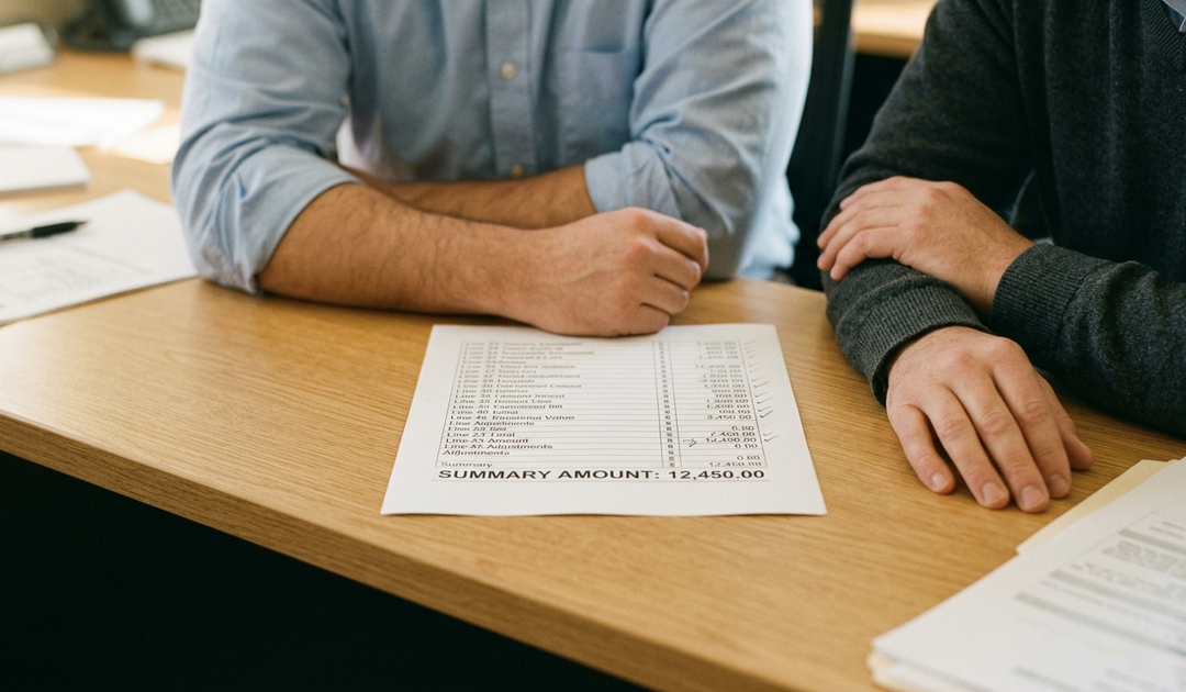 Two men at a wooden desk reviewing a financial summary document, discussing VA loan partial entitlement Indiana benefits