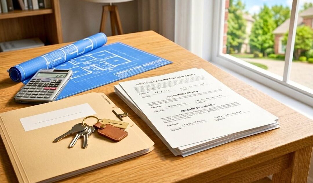 Businessman at desk reviewing documents with stacks of papers, representing assumable mortgage financing...
