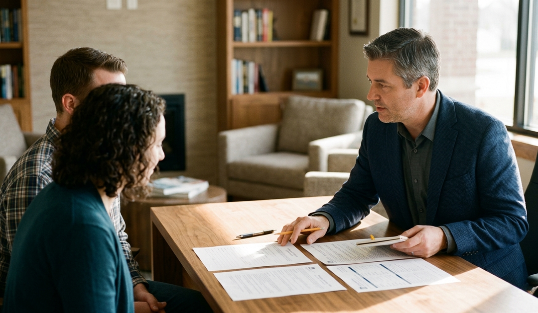 Couple meeting with loan officer at desk reviewing mortgage documents in modern office with bookshelves