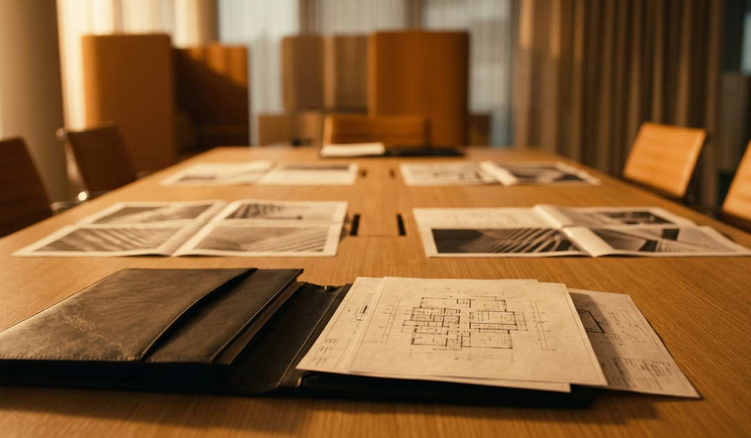 Architectural blueprints and wood samples spread across conference table with leather chairs in professional office setting