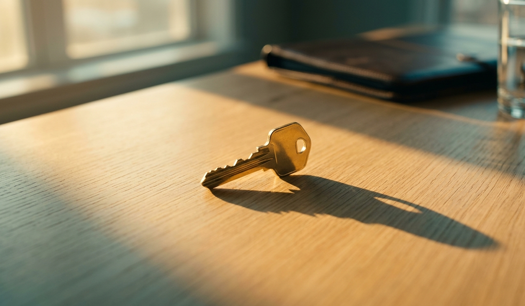 Golden key on wooden desk casting shadow, symbolizing FHA condo financing Indiana and real estate deals