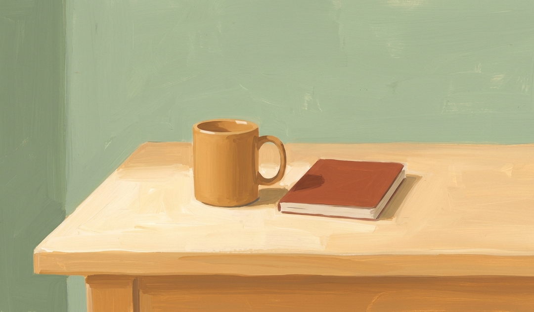Wooden mug and red book on light wood table against sage green wall illustration